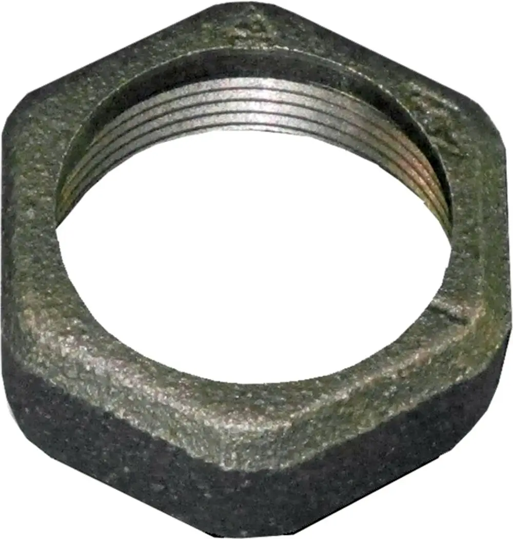 Grau metallische Überwurfmutter mit Gewinde, hexagonal, auf weißem Hintergrund, möglicherweise von der Marke Wolf.